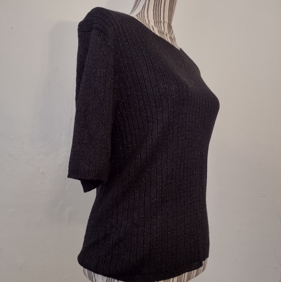 Tesori Vintage Black Ribbed Knit Pullover Short Sleeve Sparkle Sweater Size M - Picture 9 of 10